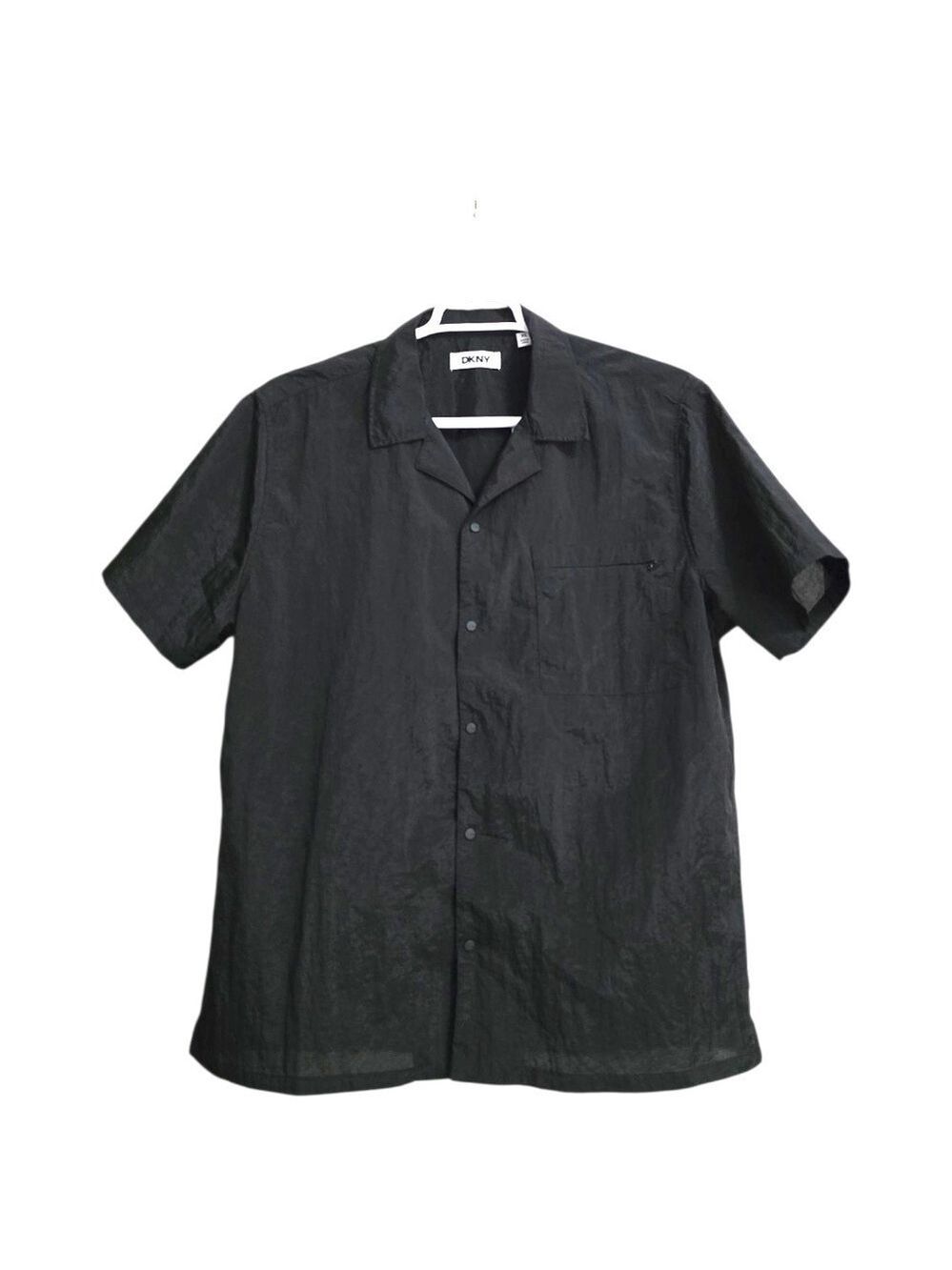 DKNY NWT Black Textured Nylon Snap Front Casual Short Sleeve Button Down Sz XL